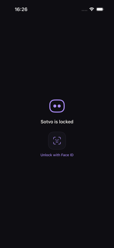 Sotvo's App Lock screen on iOS: the two-dot glyph above the words Sotvo is locked, with an Unlock with Face ID button.