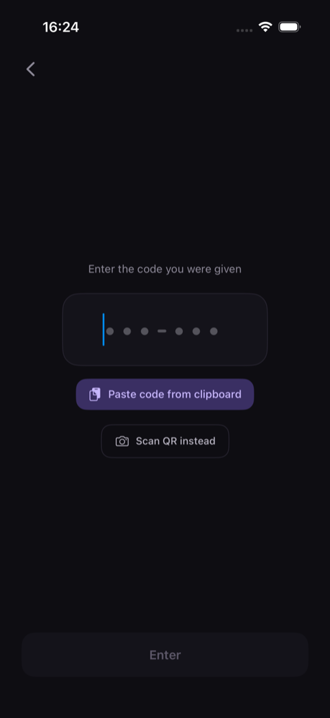 Sotvo's enter-a-room screen on iOS with six empty dots for the one-time code and a paste option.