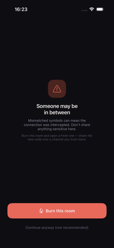 Sotvo's mismatch warning on iOS: a red triangle above the words Someone may be in between, with a Burn this room button.