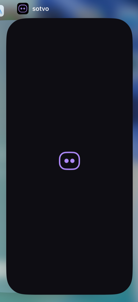 The iOS app switcher showing sotvo's card as a plain dark cover with the two-dot glyph and no conversation visible.