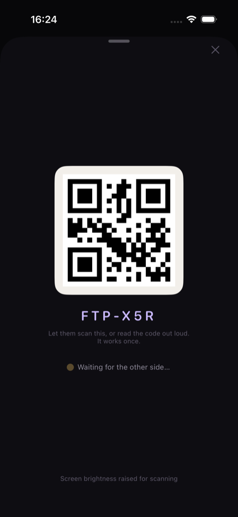 Sotvo's QR screen on iOS: a white card with a QR code that carries the one-time room code.