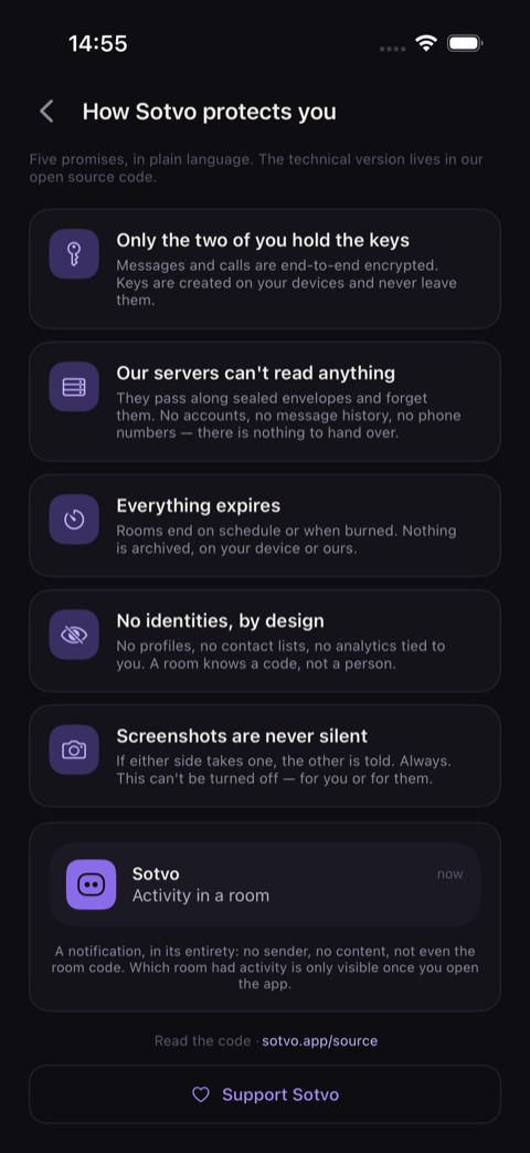 Sotvo's how-Sotvo-protects-you screen on iOS, listing five promises in plain language: only the two of you hold the keys, the servers can't read anything, everything expires, no identities by design, and screenshots are never silent.