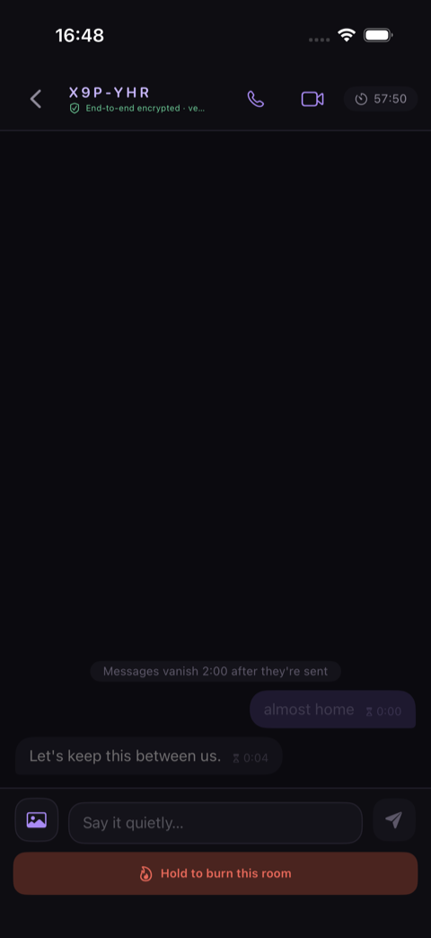 Sotvo's room on iOS at the moment a message fades: a bubble reading almost home is dimming at zero seconds while another shows four seconds left.