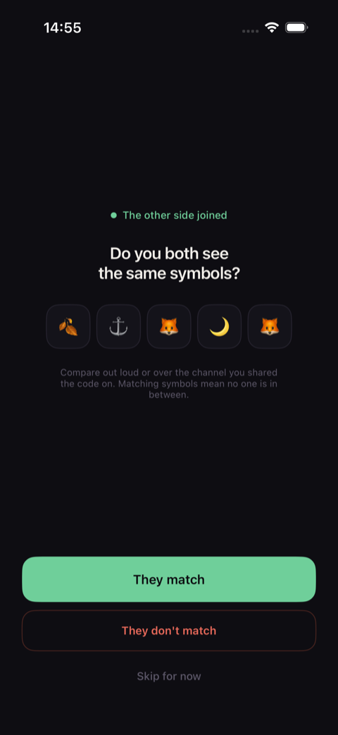 Sotvo's verification screen on iOS asking do you both see the same symbols, above a row of five symbols, with they-match and they-don't-match options.